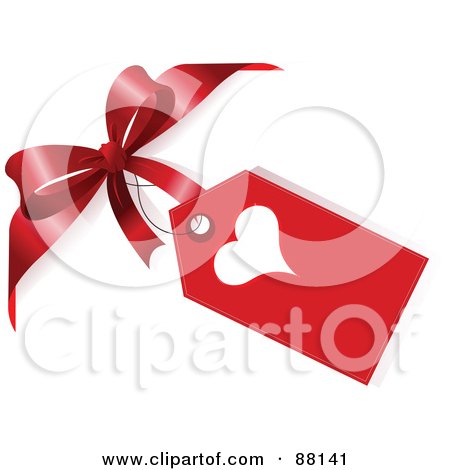 Royalty-Free (RF) Clipart Illustration of a Heart Gift Tag Attached To A Red Bow by Pushkin
