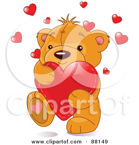 Royalty-Free (RF) Clipart Illustration of a Cute Amorous Teddy Bear Carrying A Red Love Heart by Pushkin