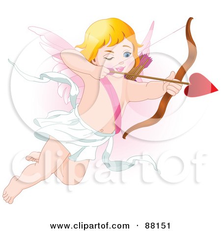 Royalty-Free (RF) Clipart Illustration of an Aiming Blond Cupid With Heart Arrow by Pushkin