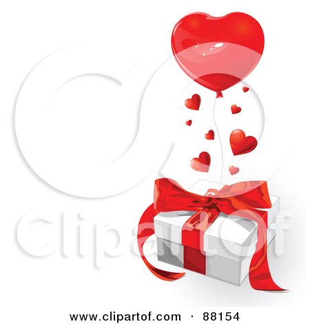 Royalty-Free (RF) Clipart Illustration of a Heart Balloon And Hearts Over A Gift Box by Pushkin