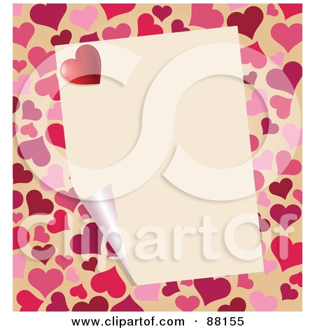 Royalty-Free (RF) Clipart Illustration of a Blank Curling Page On A Heart Background by Pushkin