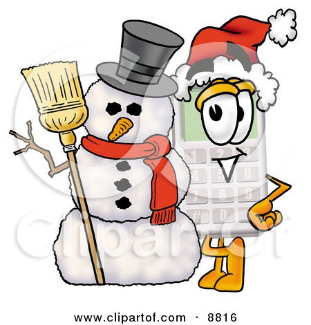 Clipart Picture of a Calculator Mascot Cartoon Character With a Snowman on Christmas by Mascot Junction