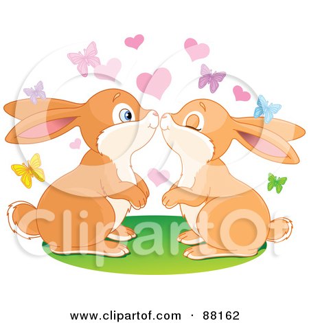 Royalty-Free (RF) Clipart Illustration of a Cute Rabbit Pair Smooching Under Butterflies And Hearts by Pushkin