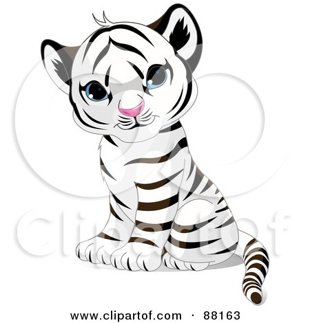 Royalty-Free (RF) Clipart Illustration of an Adorable Sitting Baby White Tiger Cub With Blue Eyes by Pushkin
