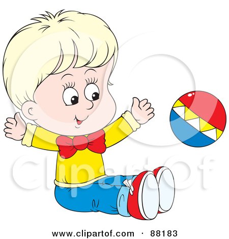 Royalty-Free (RF) Clipart Illustration of a Happy Blond Caucasian Baby Sitting On The Floor And Playing With A Ball by Alex Bannykh
