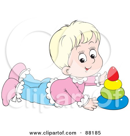 Royalty-Free (RF) Clipart Illustration of a Happy Blond Caucasian Baby Laying On Her Tummy And Playing With A Toy by Alex Bannykh