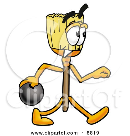 Clipart Picture of a Broom Mascot Cartoon Character Holding a Bowling Ball by Mascot Junction