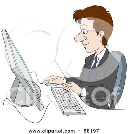 Royalty-Free (RF) Clipart Illustration of a Brunette Businessman In Profile, Working On A Desktop Computer by Alex Bannykh