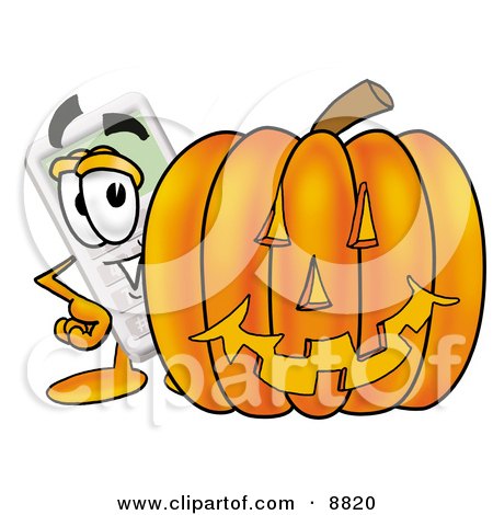 Clipart Picture of a Calculator Mascot Cartoon Character With a Carved Halloween Pumpkin by Mascot Junction