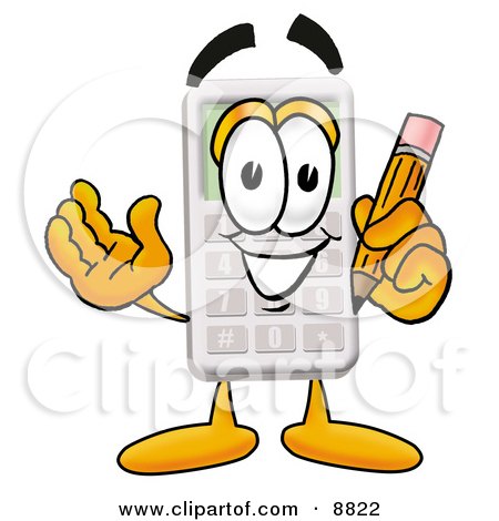 Clipart Picture of a Calculator Mascot Cartoon Character Holding a Pencil by Mascot Junction