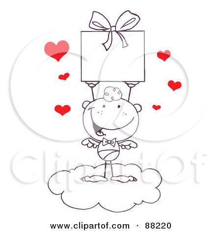 Royalty-Free (RF) Clipart Illustration of an Outlined Stick Cupid Standing On A Cloud And Holding Up A Gift by Hit Toon
