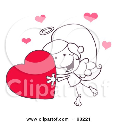Royalty-Free (RF) Clipart Illustration of an Outlined Stick Cupid Girl Carrying A Red Heart by Hit Toon