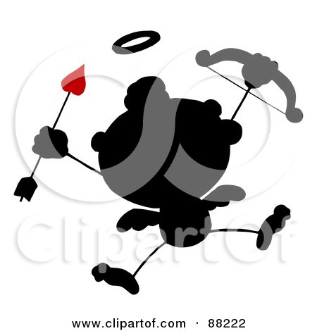 Royalty-Free (RF) Clipart Illustration of a Black Silhouetted Stick Cupid Holding Up A Red Bow And Arrow by Hit Toon