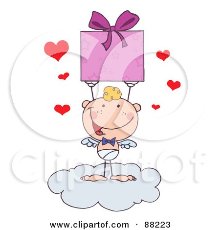 Royalty-Free (RF) Clipart Illustration of a Stick Cupid Standing On A Cloud And Holding Up A Gift by Hit Toon