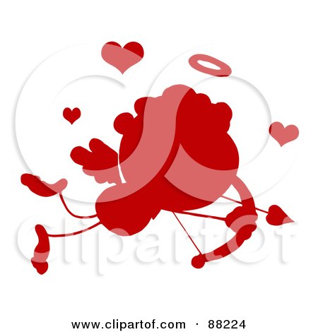 Royalty-Free (RF) Clipart Illustration of a Red Silhouetted Stick Cupid Flying With Hearts by Hit Toon