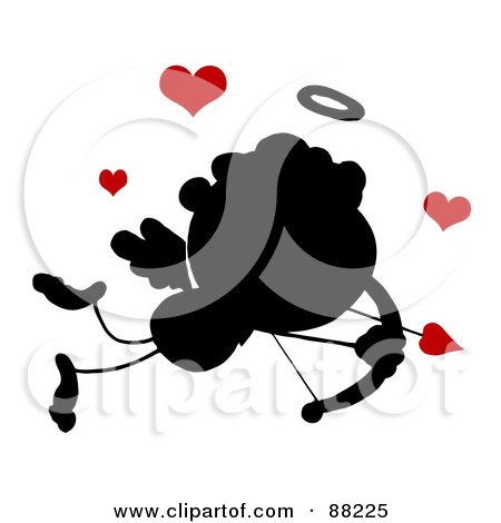 Royalty-Free (RF) Clipart Illustration of a Black Silhouetted Stick Cupid Flying With Red Hearts by Hit Toon