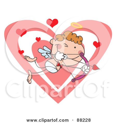 Royalty-Free (RF) Clipart Illustration of a Stick Cupid Squinting One Eye While Aiming His Arrow In Front Of A Heart by Hit Toon