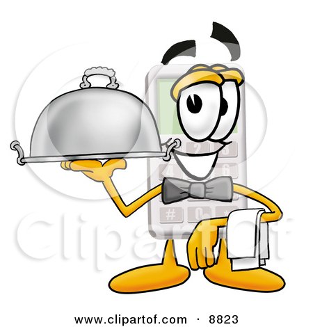 Clipart Picture of a Calculator Mascot Cartoon Character Dressed as a Waiter and Holding a Serving Platter by Mascot Junction