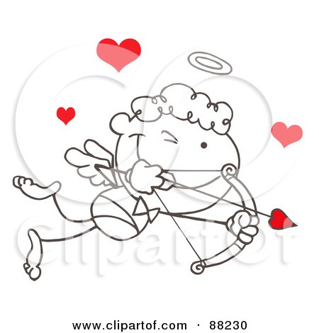 Royalty-Free (RF) Clipart Illustration of an Outlined Stick Cupid With Red Hearts, Closing One Eye While Aiming His Arrow by Hit Toon