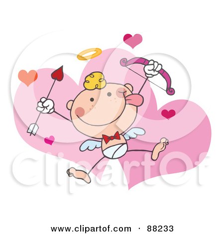 Royalty-Free (RF) Clipart Illustration of a Stick Cupid In Front Of Hearts, Holding Up A Bow And Arrow by Hit Toon