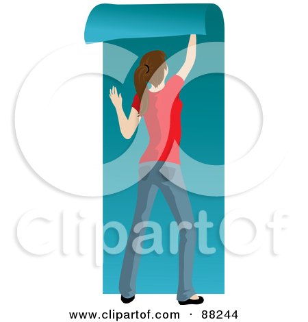 Royalty-Free (RF) Clipart Illustration of a Caucasian Woman Hanging Blue Wallpaper Over Her White Wall by Rosie Piter