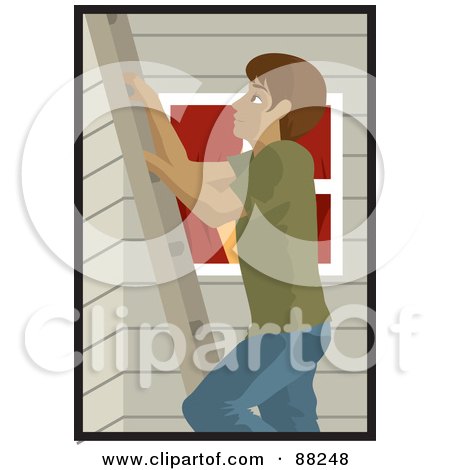 Royalty-Free (RF) Clipart Illustration of a Hispanic Man Climbing A Ladder On The Side Of A House by Rosie Piter