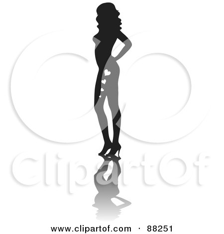 Royalty-Free (RF) Clipart Illustration of a Black Pinup Silhouetted Woman With Hearts On Her Legs, Posing In Heels by Rosie Piter