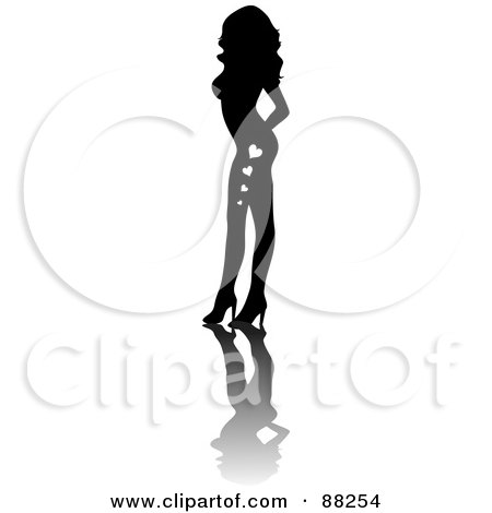 Royalty-Free (RF) Clipart Illustration of a Black Sexy Silhouetted Pinup Woman With Hearts On Her Legs, Posing In Heels by Rosie Piter