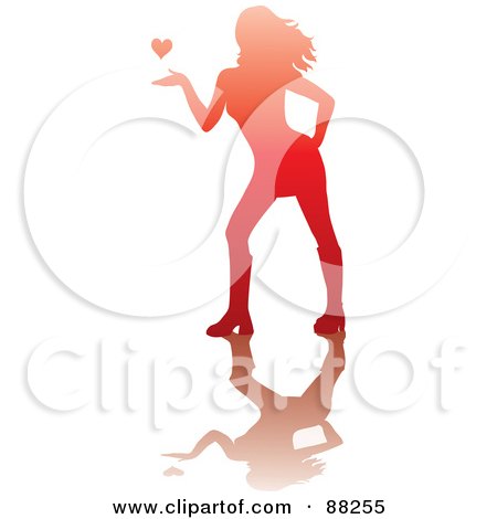 Royalty-Free (RF) Clipart Illustration of a Red Woman Silhouette With A Heart Hovering Over Her Hand And A Reflection by Rosie Piter