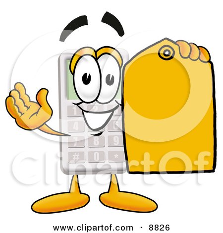 Clipart Picture of a Calculator Mascot Cartoon Character Holding a Yellow Sales Price Tag by Mascot Junction