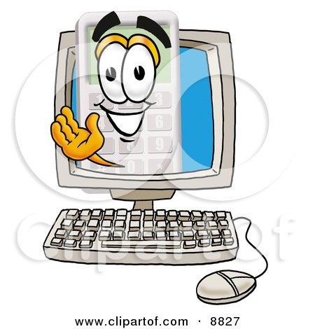 Clipart Picture of a Calculator Mascot Cartoon Character Waving From Inside a Computer Screen by Mascot Junction