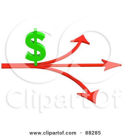 Royalty-Free (RF) Clipart Illustration of a 3d Green Dollar Symbol On An Arrow Splitting Three Ways by Tonis Pan