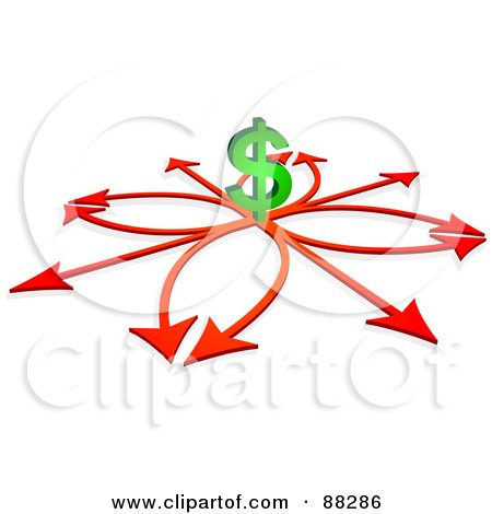 Royalty-Free (RF) Clipart Illustration of a 3d Green Dollar Symbol On A Red Arrow Crossroads by Tonis Pan