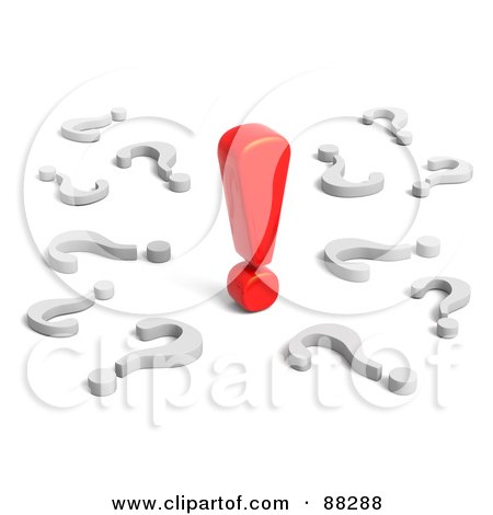 Royalty-Free (RF) Clipart Illustration of a 3d Red Exclamation Point Surrounded By Scattered Question Marks by Tonis Pan