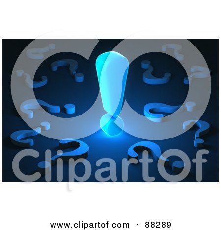 Royalty-Free (RF) Clipart Illustration of a 3d Glowing Blue Exclamation Point Surrounded By Scattered Question Marks In The Dark by Tonis Pan