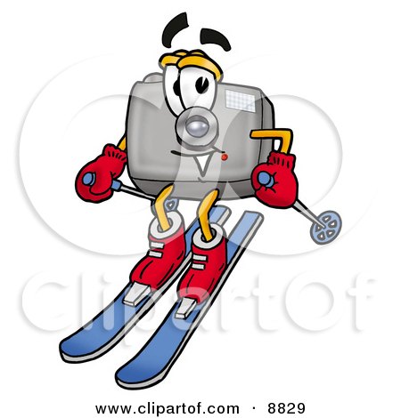 Clipart Picture of a Camera Mascot Cartoon Character Skiing Downhill by Mascot Junction