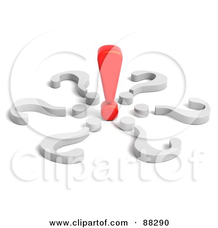 Royalty-Free (RF) Clipart Illustration of a 3d Question Marks Circling A Red Exclamation Point by Tonis Pan