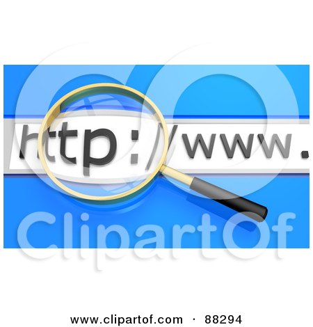 Royalty-Free (RF) Clipart Illustration of a 3d Golden Magnifying Glass Searching Over A Website Url Bar Over Blue by Tonis Pan