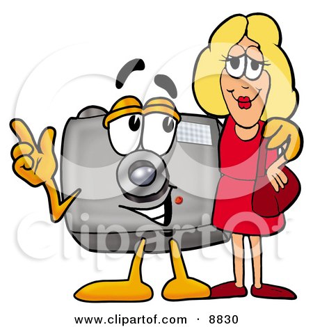 Clipart Picture of a Camera Mascot Cartoon Character Talking to a Pretty Blond Woman by Mascot Junction