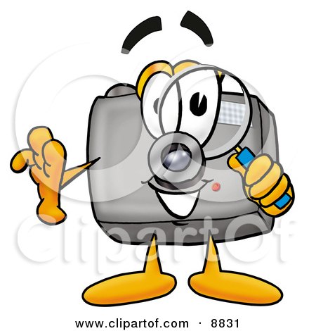 Clipart Picture of a Camera Mascot Cartoon Character Looking Through a Magnifying Glass by Mascot Junction