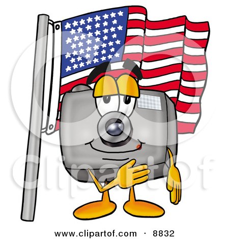 Clipart Picture of a Camera Mascot Cartoon Character Pledging Allegiance to an American Flag by Mascot Junction