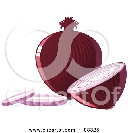 Royalty-Free (RF) Clipart Illustration of a Whole Shiny Red Onion By A Sliced Onion by Tonis Pan