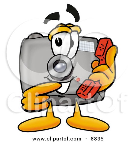 Clipart Picture of a Camera Mascot Cartoon Character Holding a Telephone by Mascot Junction