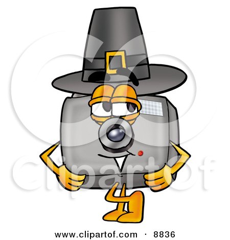 Clipart Picture of a Camera Mascot Cartoon Character Wearing a Pilgrim Hat on Thanksgiving by Mascot Junction