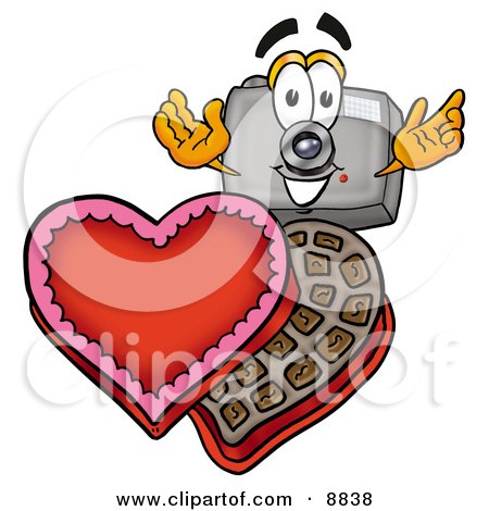 Clipart Picture of a Camera Mascot Cartoon Character With an Open Box of Valentines Day Chocolate Candies by Mascot Junction