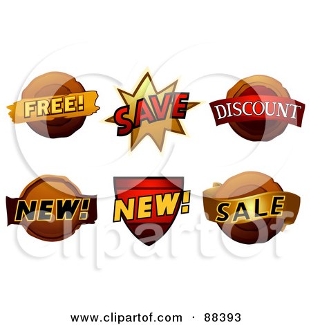 Royalty-Free (RF) Clipart Illustration of a Digital Collage Of Free, Save, Discount, New And Sale Stickers by BNP Design Studio