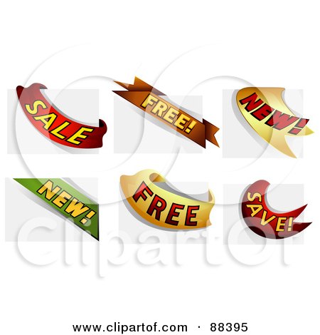 Royalty-Free (RF) Clipart Illustration of a Digital Collage Of Sale, Free, New And Save Ribbons Over Page Corners by BNP Design Studio