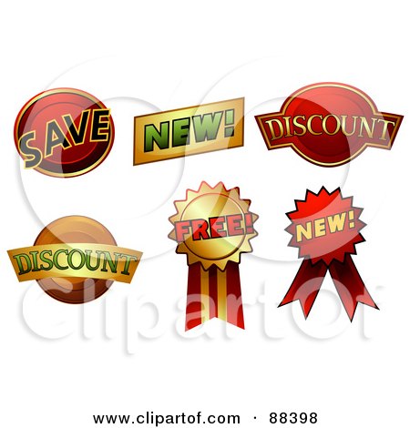 Royalty-Free (RF) Clipart Illustration of a Digital Collage Of Save, New, Discount And Free Stickers by BNP Design Studio
