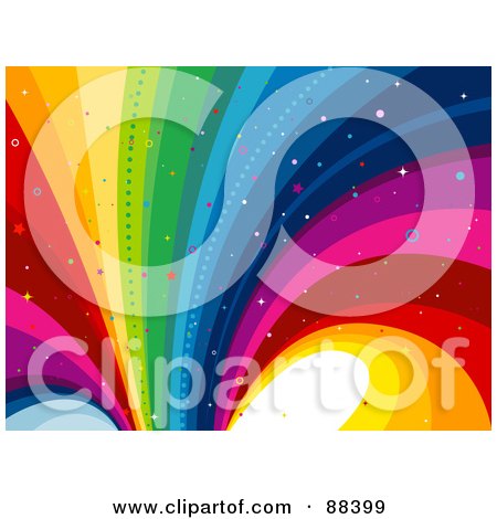 Royalty-Free (RF) Clipart Illustration of a Rainbow Curve Background With Star And Circle Glitter by BNP Design Studio