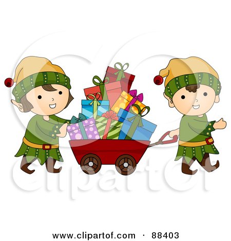 Royalty-Free (RF) Clipart Illustration of Cute Christmas Elves Pulling A Cart Of Presents by BNP Design Studio